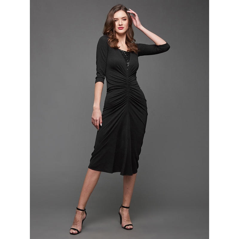 Crease Ease Women’s Black Sequined Party Sheath Midi Dress XS Black