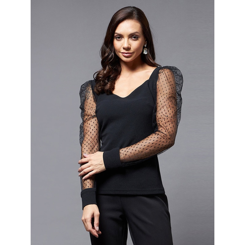 Crease Ease Women’s Black Solid V-Neck Full Sleeve Relaxed Fit Regular Top XS Black