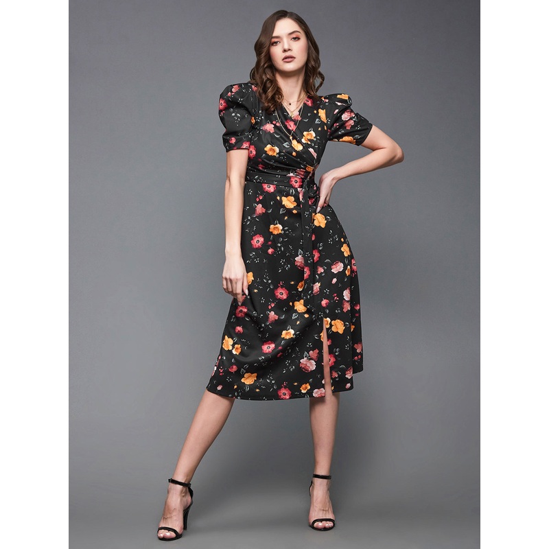 Crease Ease Women’s Multicolored-Base-Black V-Neck Pleated Puff Sleeve Floral Patterned Wrap Midi Polyester Dress XS Black