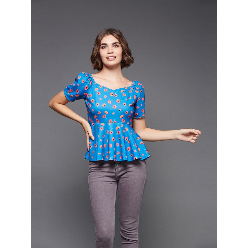 Crease Ease Women’s Multicolored-Base-Blue Slim Fit Regular Premium Polyknit Top XS Multicolored-Base-Blue