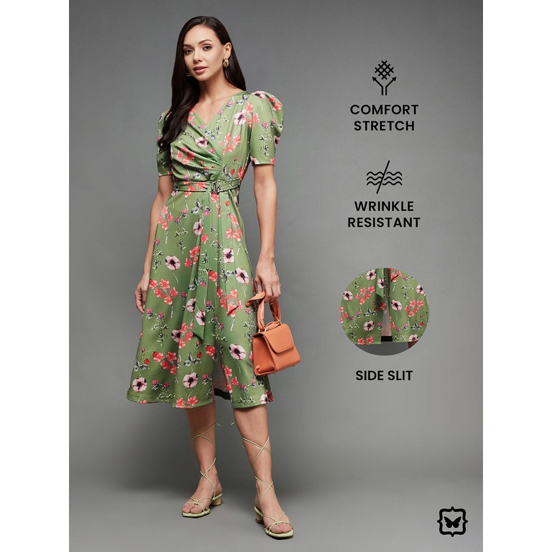 Crease Ease Women’s Multicolored-Base-Green V-Neck Pleated Puff Sleeve Floral Patterned Wrap Midi Polyester Dress XXS Green