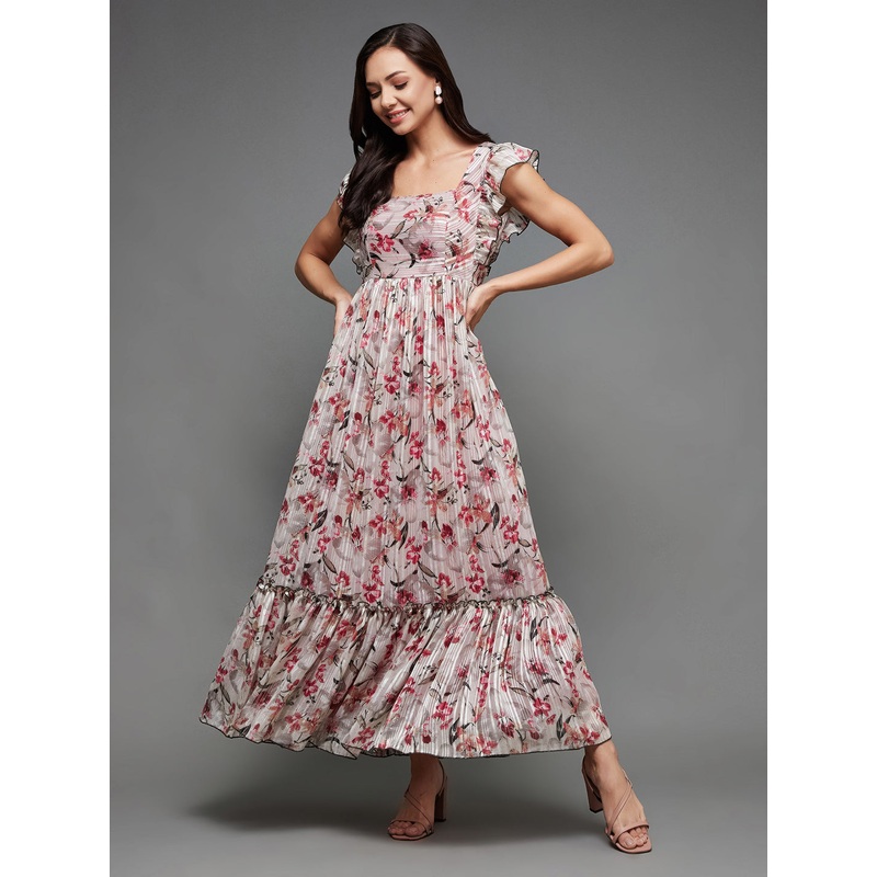 Off White Floral Printed Fit and Flare Maxi Dress for Women XS Multicolor