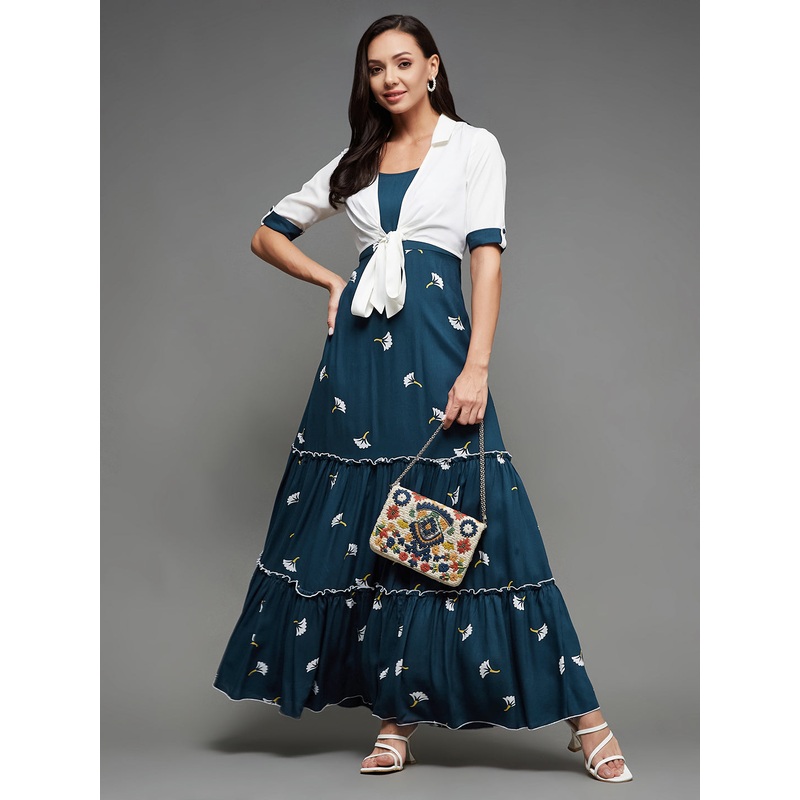 Teal Floral Printed Tiered Maxi Dress with Stitched White Shirt for Women XS Teal