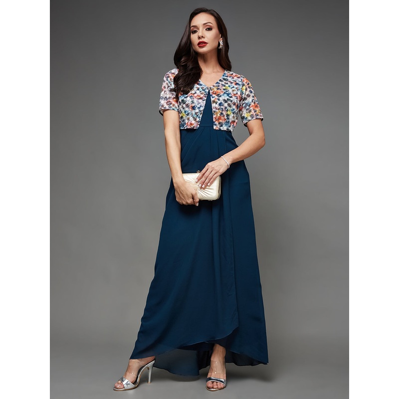 Teal Multicoloured Attached Short Sleeves Jacket Maxi Dress for Women XS Teal