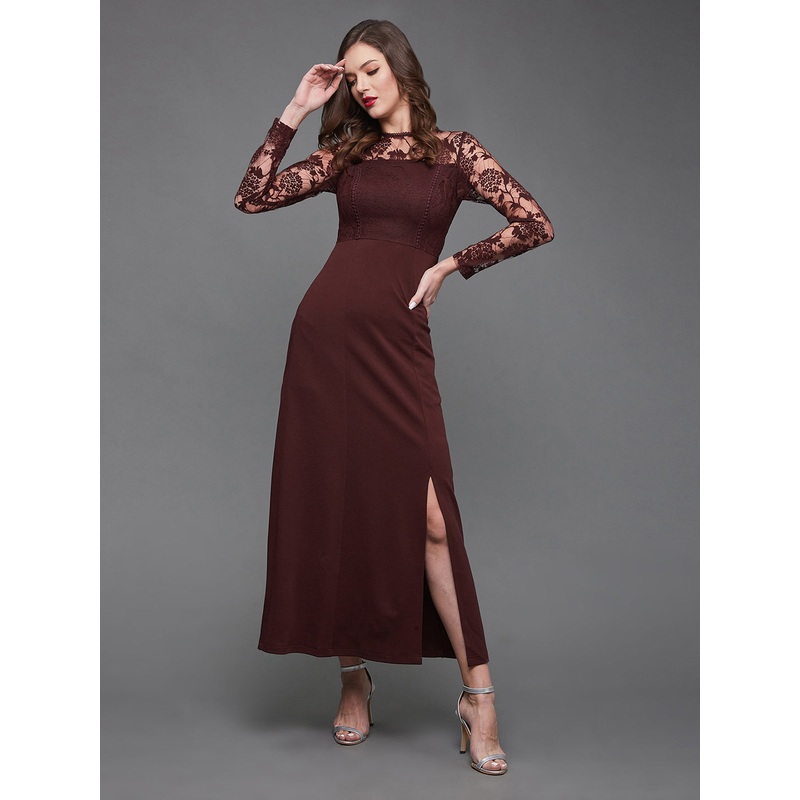 Wine Full Sleeves Lace Column Maxi Dress for Women XS Wine