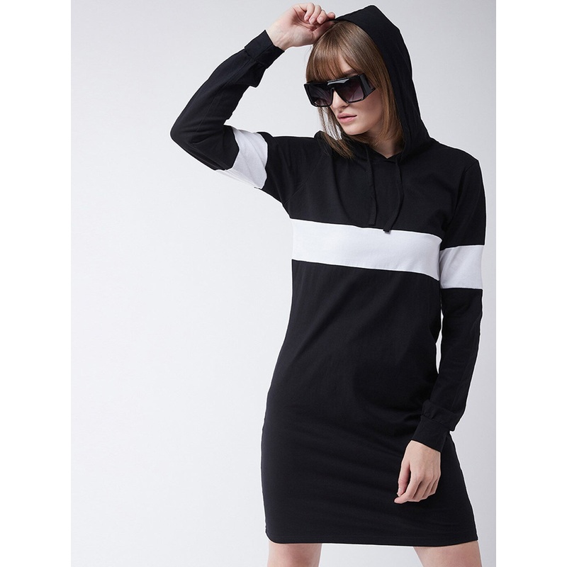 Women’s Black Round Neck Full Sleeve Solid Knee-Long Hooded Dress XS Black