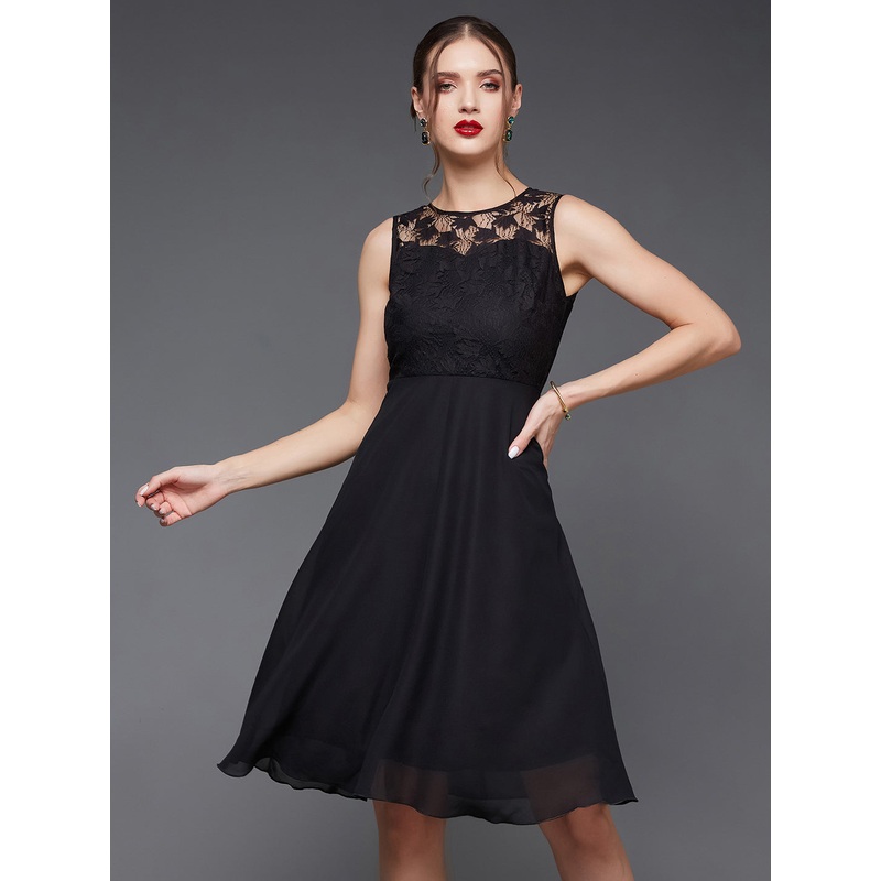 Women’s Black Round Neck Sleeveless Solid Mini Lace Skater Dress XS Black