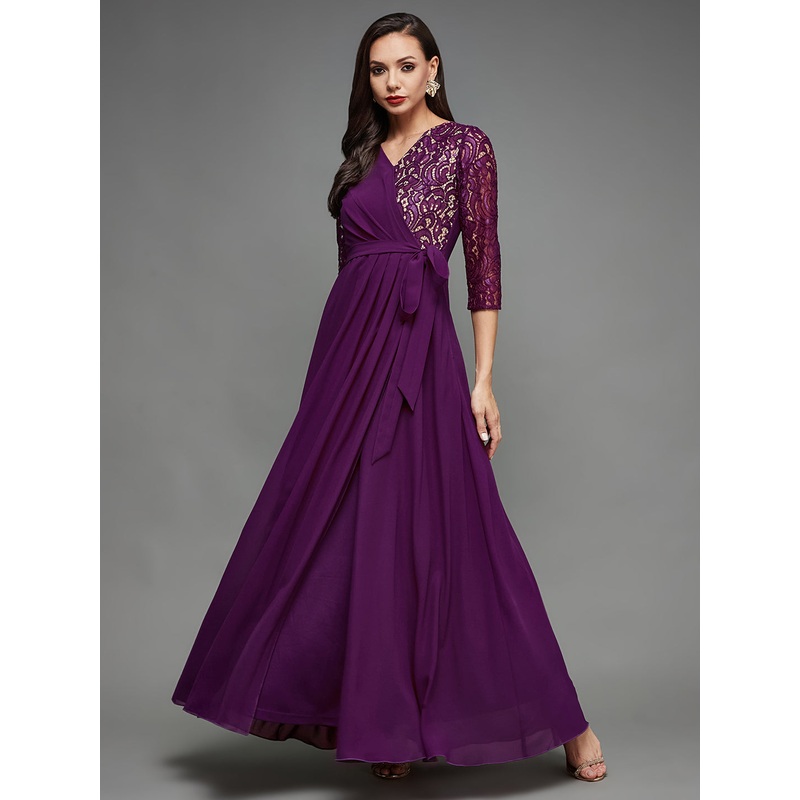 Women’s Dark Purple Colored V-Neck Three-Quarter Sleeve Self-Designed Wrap Maxi Georgette Dress XS Purple