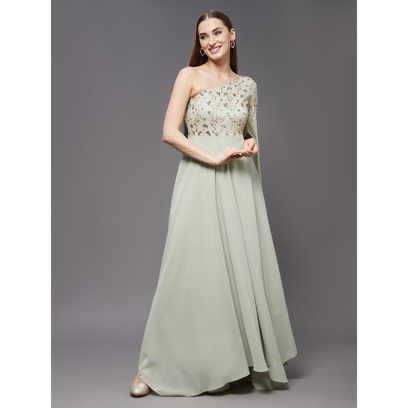 Women’s Dusty Green And Golden Sequined Party Asymmetric Maxi Dress XS Dusty Green And Golden