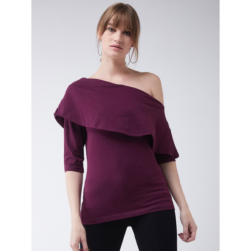 Women’s Magenta One shoulder 3/4 Sleeve Solid Layered Top XS Magenta