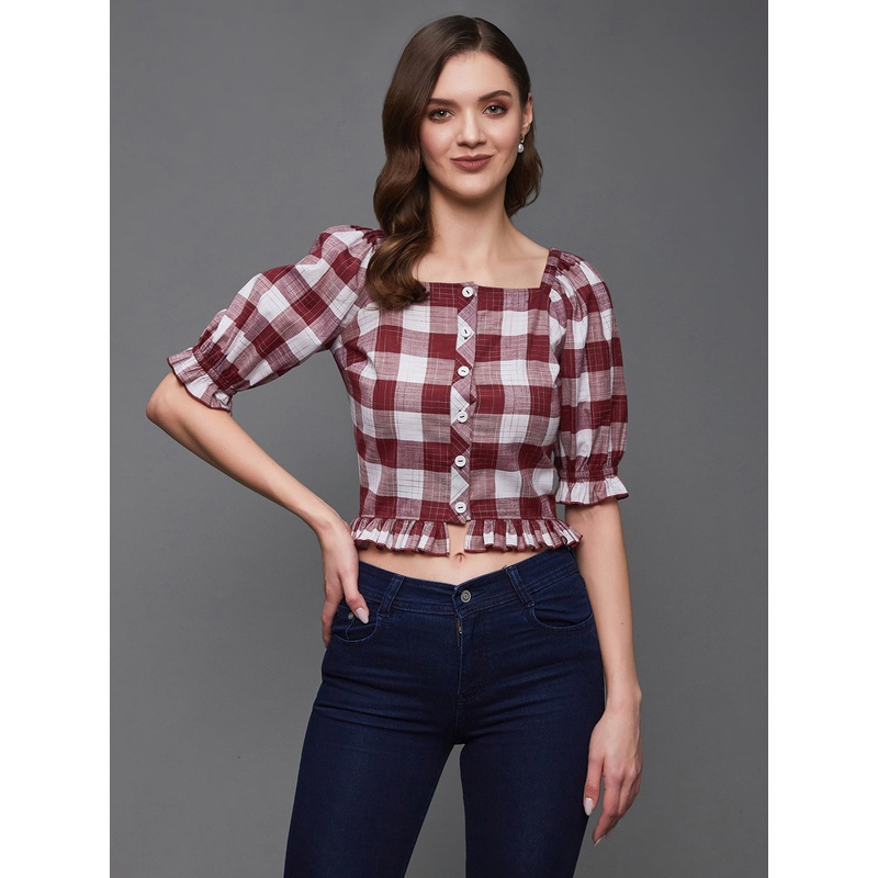 Women’s Maroon and White Checkered Square Neck Puff Sleeves Polyester Ruffled Short Top XS Multicolor