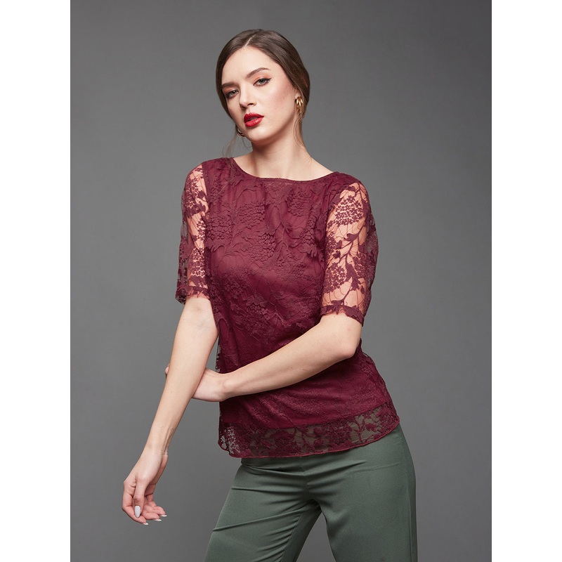 Women’s Maroon Relaxed Fit  Regular Lace Top XS Maroon
