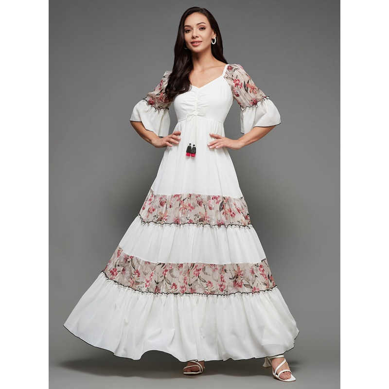 Women’s Multicolored-Base-Off White Sweetheart Neckline Ruffled Sleeve Floral Patterned Tiered Maxi Georgette Dress XS Off-White