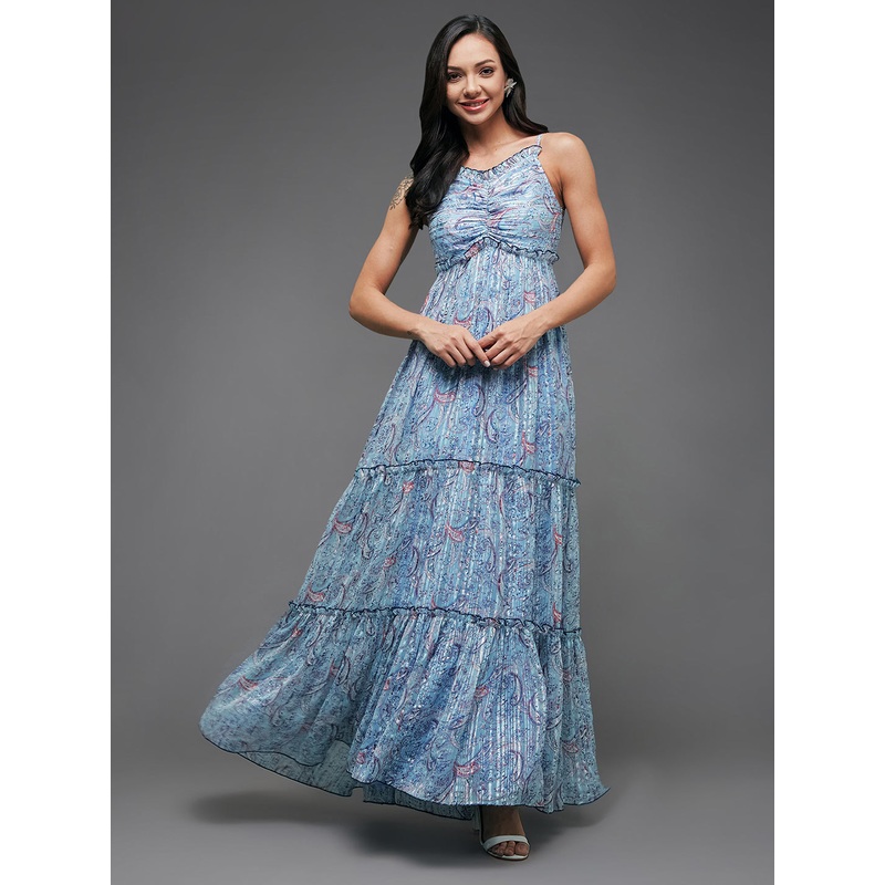 Women’s Multicolored-Base-Sky Blue Sweetheart Neckline Adjustable Shoulder Strap Paisley Patterned Tiered Maxi Georgette Dress XS Blue