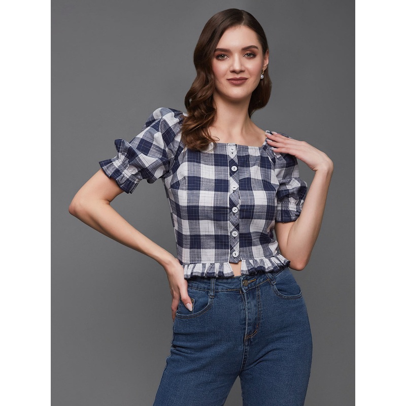 Women’s Navy and White Checkered Square Neck Puff Sleeves Polyester Ruffled Short Top XS Multicolor