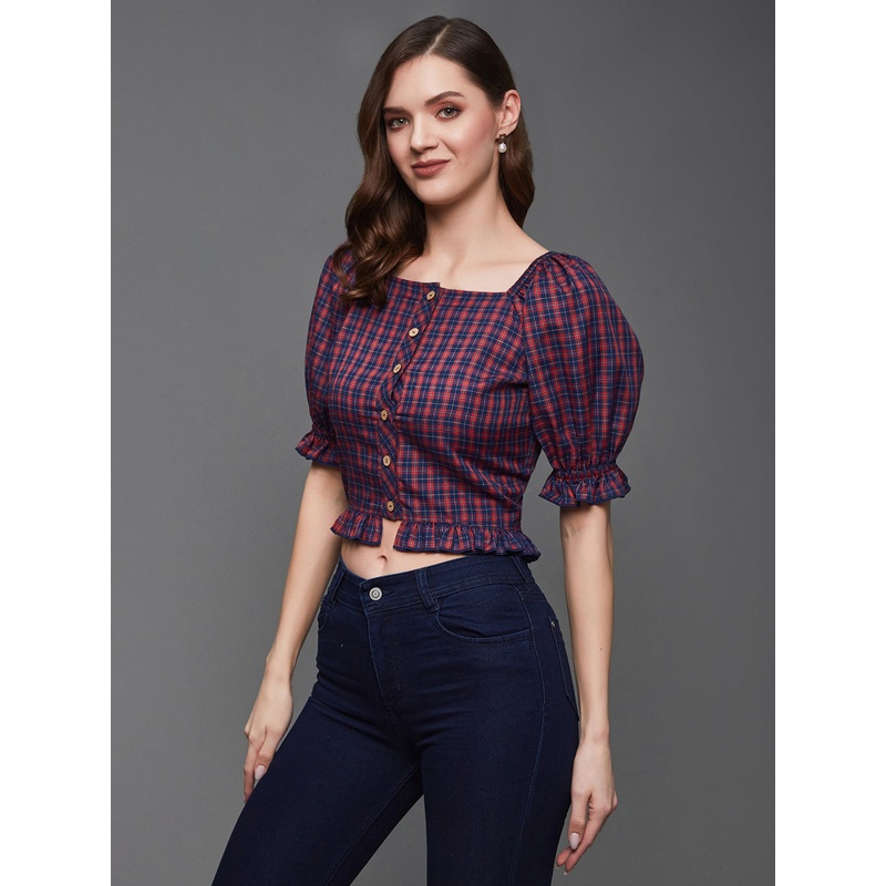 Women’s Red and Blue Checkered Square Neck Puff Sleeves Polyester Ruffled Short Top XS Multicolor
