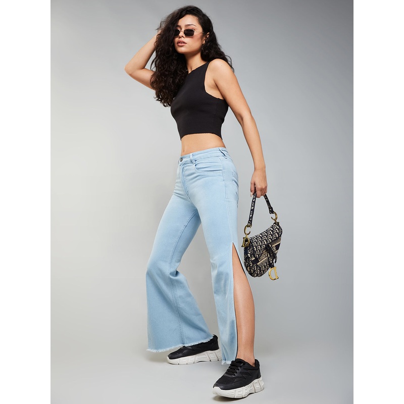 24/7 Comfort Light Blue Bell-Bottom Bootcut Hourglass High-Rise Stretchable Denim Slit Jeans 26 Blue