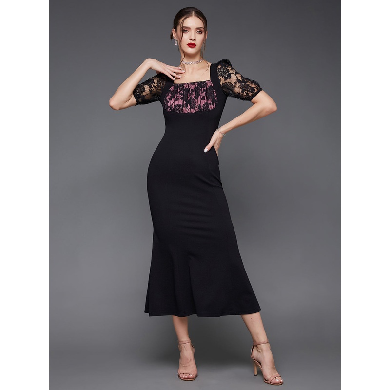 Black Puff Sleeves Lace Mermaid Maxi Dress for Women XXS Black
