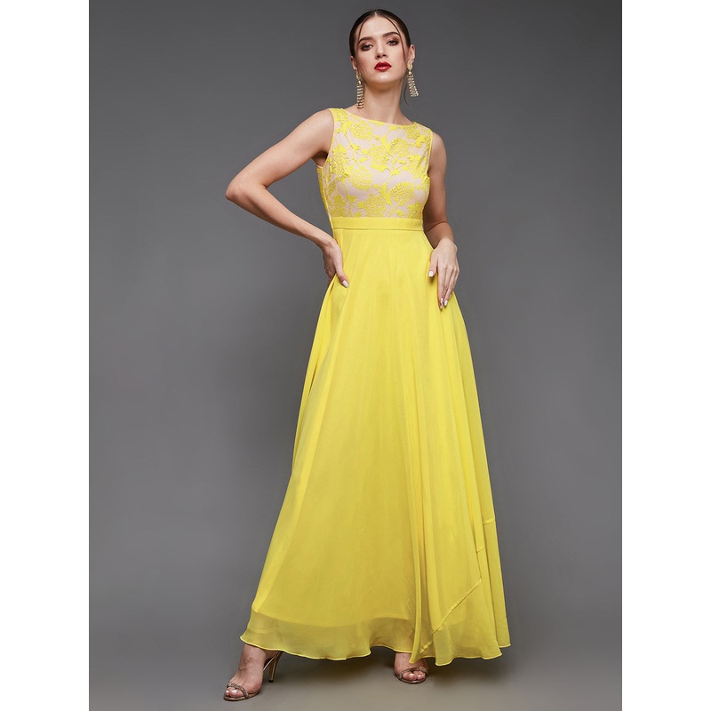 Bright Yellow Sleeveless Fit and Flare Lace Dress for Women XS Yellow