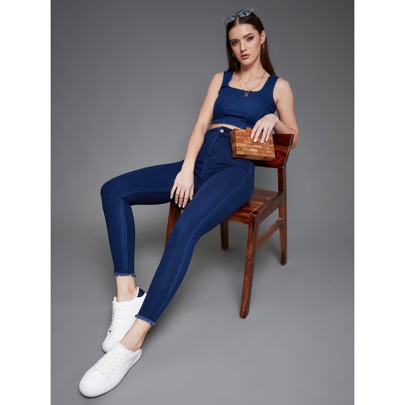 CHASEstretch Navy-Blue Skinny High-Rise Cropped Fringed Hemline Denim Jeans 26 Navy Blue