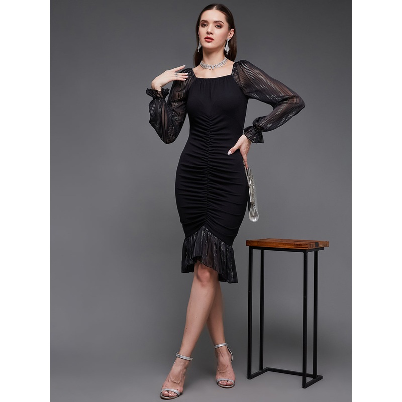 Crease Ease Women’s Black Square Puff Sleeve Solid Ruching Midi Party Dress XS Black