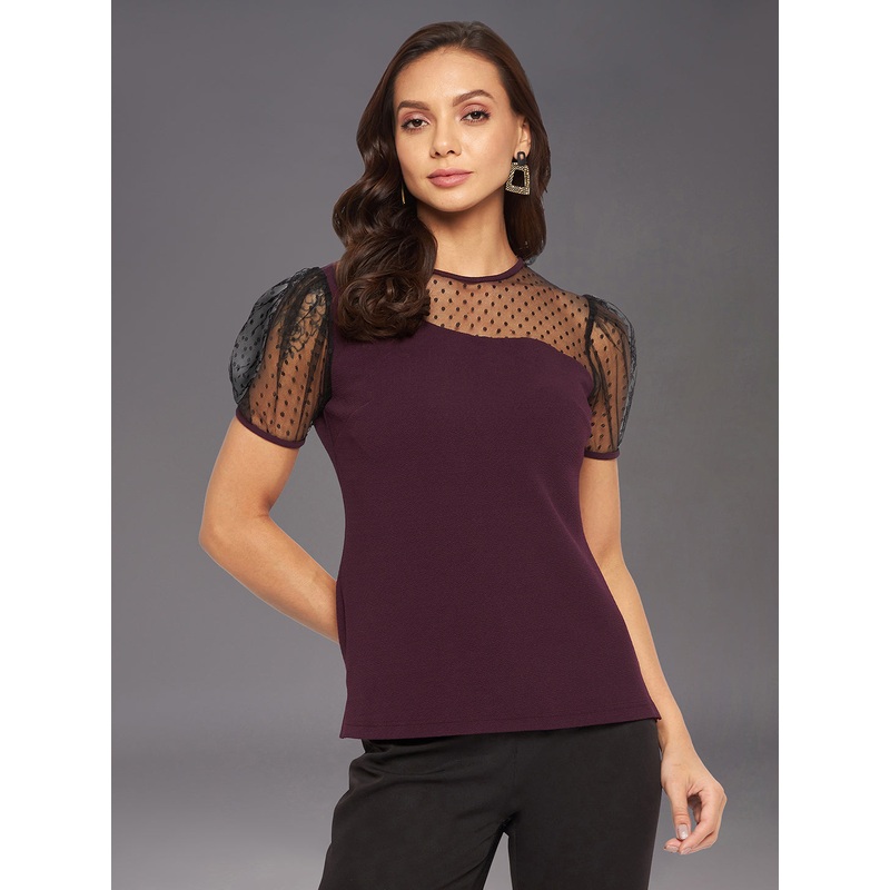 Crease Ease Women’s Dark Purple & Black Solid Round Neck Short Sleeve Relaxed Fit Regular Top XS Purple