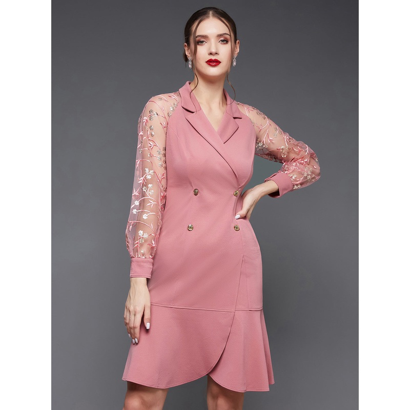 Crease Ease Women’s Dusty Pink & Golden Solid Embroidered Knee Length Dress XS Pink