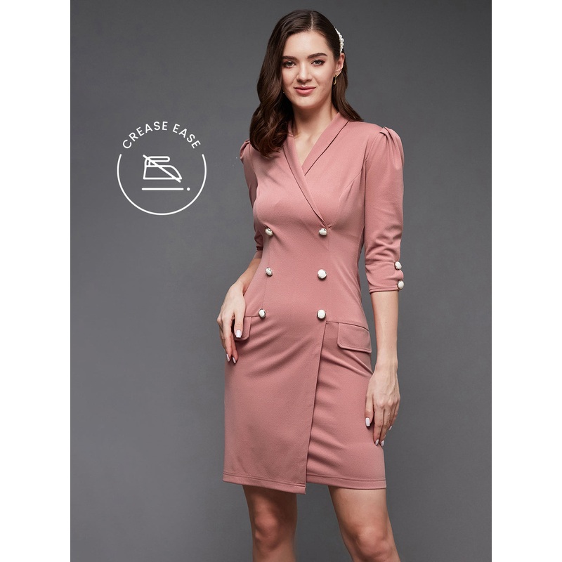 Crease Ease Women’s Dusty Pink Solid Double Breasted Knee Length Dress XS Pink