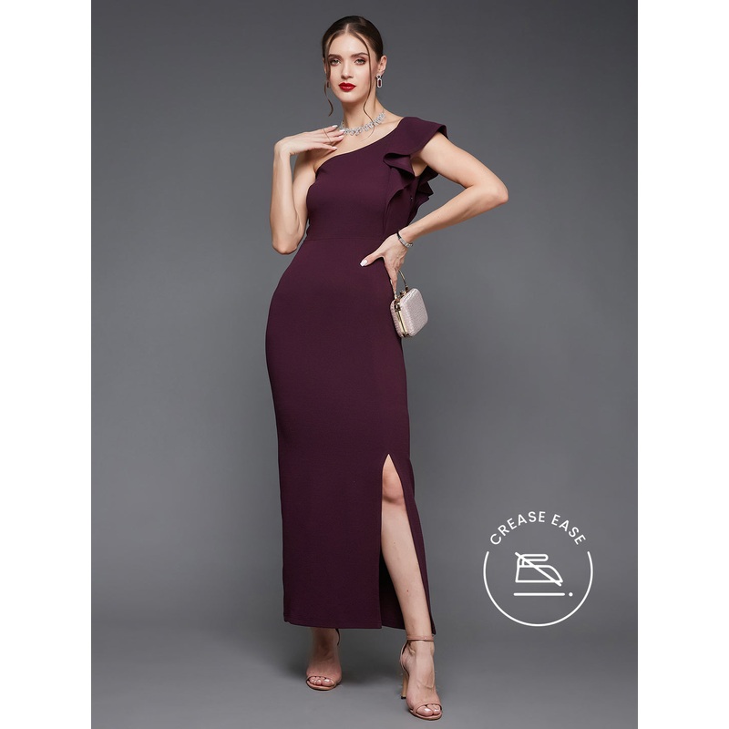 Dark Purple Solid One Shoulder Bodycon Maxi Dress for Women XXS Purple