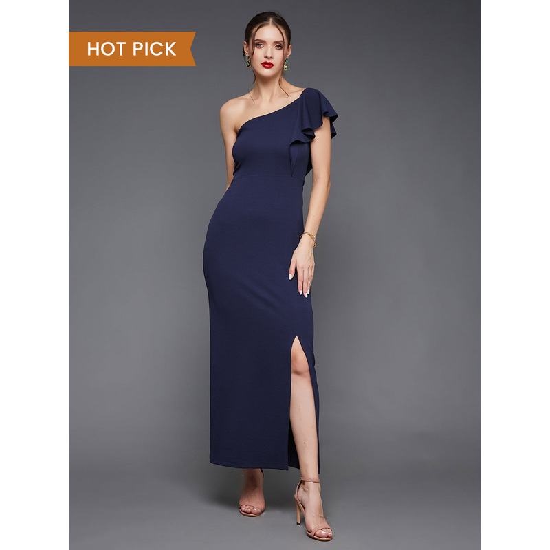 Navy Blue Solid One Shoulder Bodycon Maxi Dress for Women XXS Navy Blue