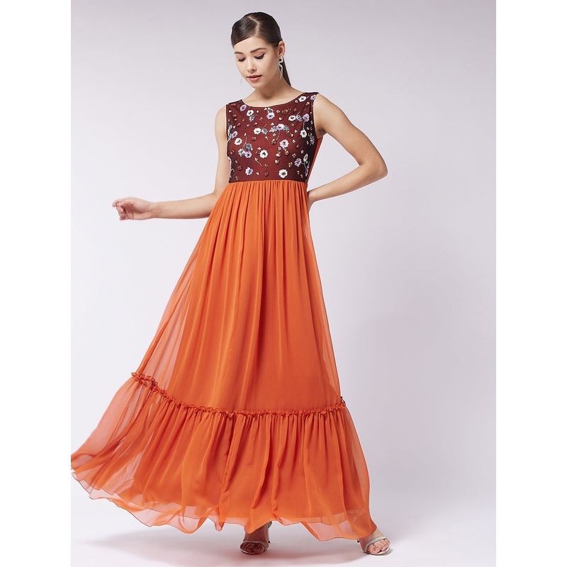 Rust Sleeveless Fit and Flare Sequinned Maxi Dress for Women XS Brown