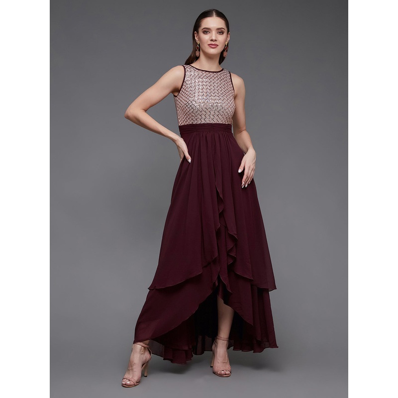 Wine & Peach Sleeveless Sequinned Layered Maxi Dress for Women XS Wine