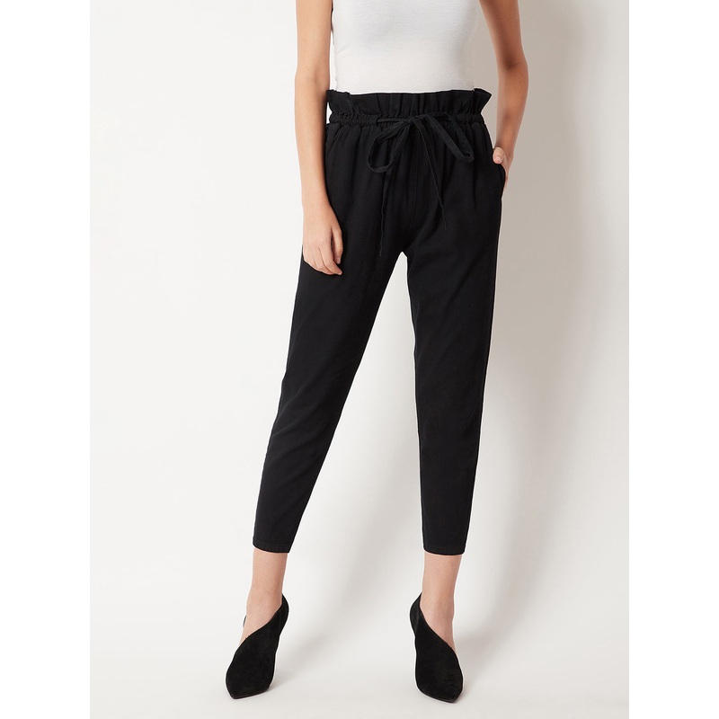 Women’s Black Pleated Front High-Rise Clean-Look Ankle length Stretchable Denim Paper Bag Pants 26 Black