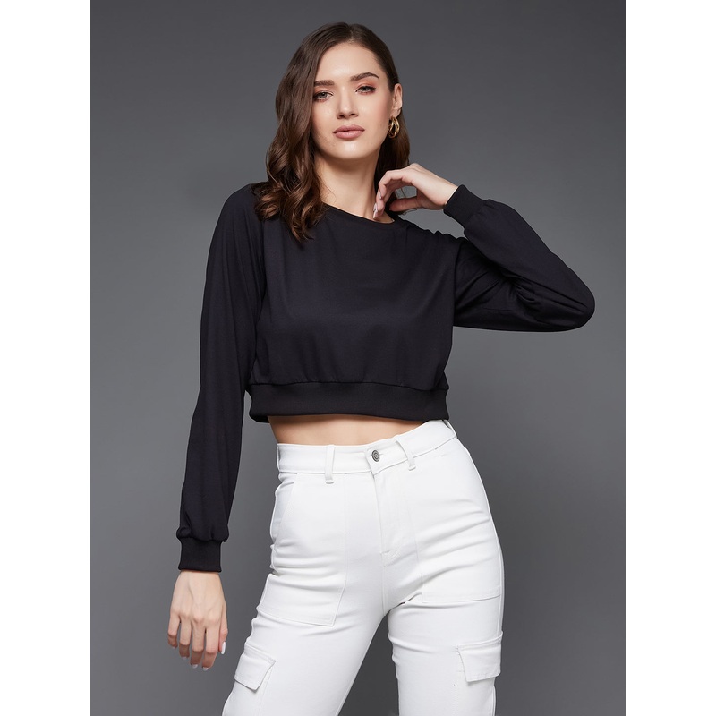 Women’s Black Round Neck Full Sleeves Oversized Boxy Crop Top XS Black
