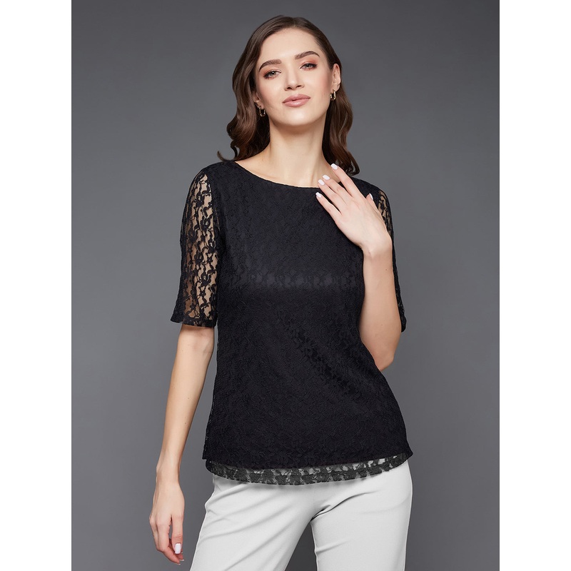 Women’s Black Round Neck Half Sleeves Basic Lace Crop Top XS Black