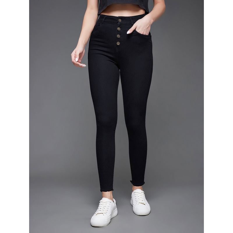 Women’s Black Skinny High-Rise Cropped Fringed Hemline Stretchable Denim Jeans 26 Black