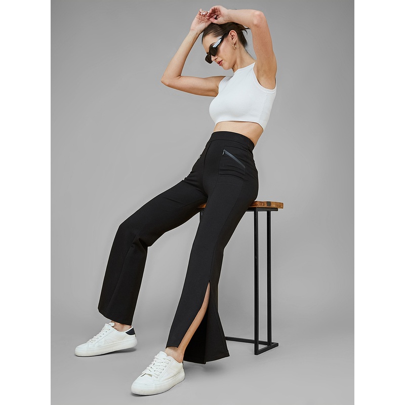 Women’s Black Viscose Solid Side Slit Bootcut Regular Trousers XS Black