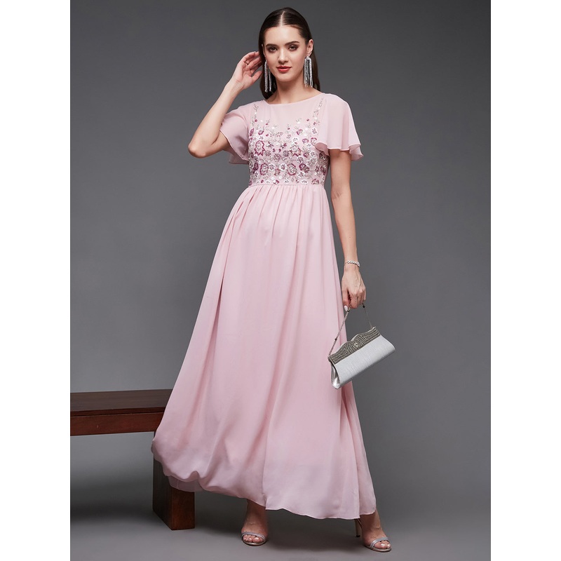 Women’s Blush Pink Sequined Gathered Party Maxi Dress XS Pink