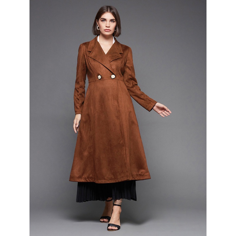 Women’s Brown Solid V-Neck Full Sleeves Side Pocketed Polyester Double Breasted Longline Blazer Jacket XS Brown