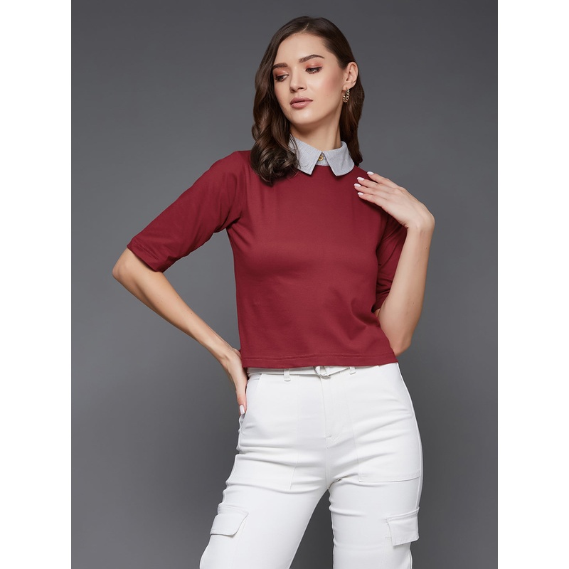Women’s Maroon & Grey Half Sleeves Round Neck Solid Crop Top XS Maroon and Grey