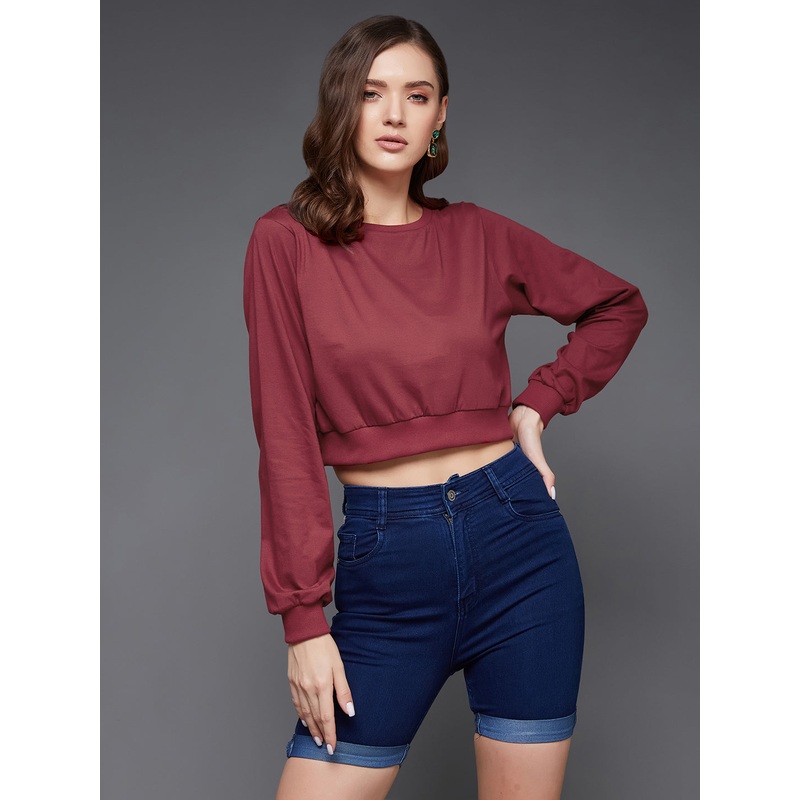 Women’s Maroon Round Neck Full Sleeves Solid Crop Top XS Maroon