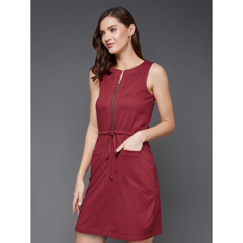 Women’s Maroon Round Neck Sleeveless Belted Dress XS Maroon
