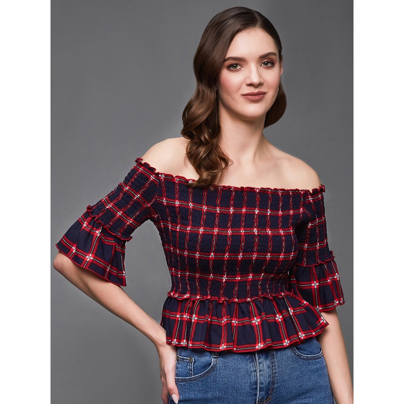 Women’s Navy and Red Checkered Bardot Flared Sleeves Viscose Rayon Smocked Short Top XS Navy and Red