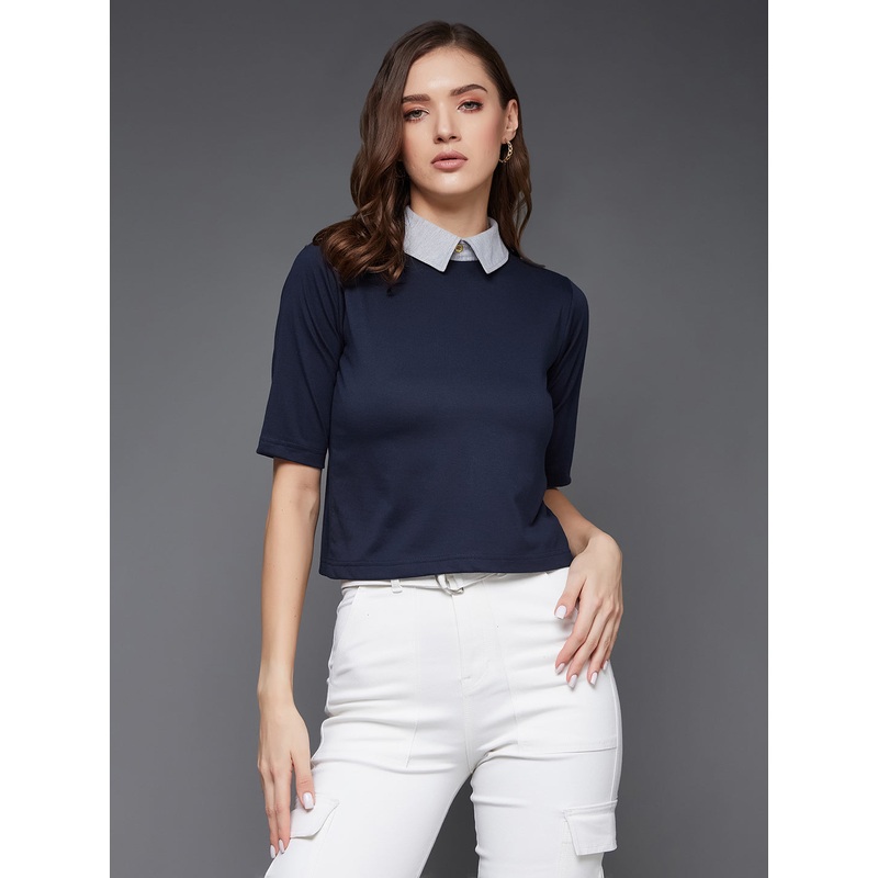 Women’s Navy Blue and Grey Collar Neck Half Sleeves Solid Boxy Crop Top XS Navy Blue and Grey
