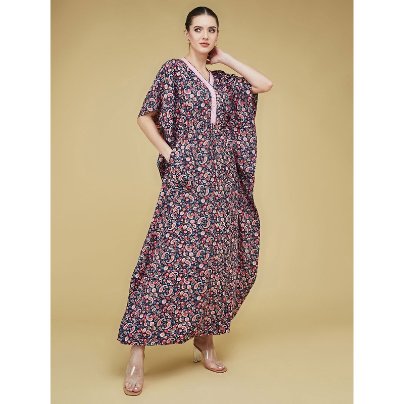 Women’s Navy Blue and Pink V Neck 3/4 Sleeve Printed Front Placket Maxi Kaftan Dress XS Multicolour