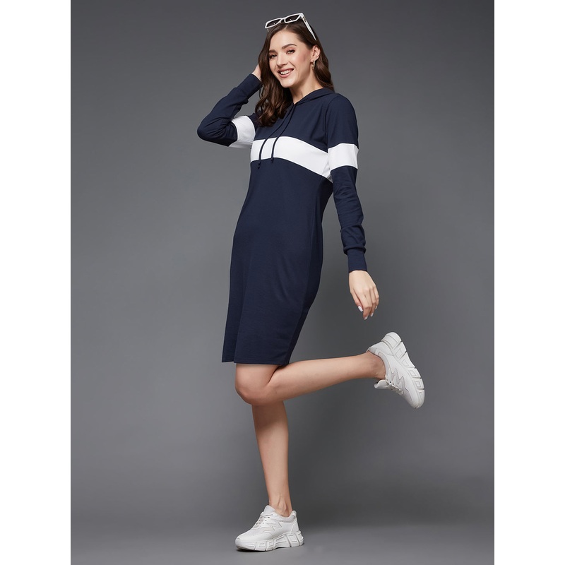 Women’s Navy Blue and White Round Neck Full Sleeve Solid Knee-Long Hooded Dress XS Navy Blue and White