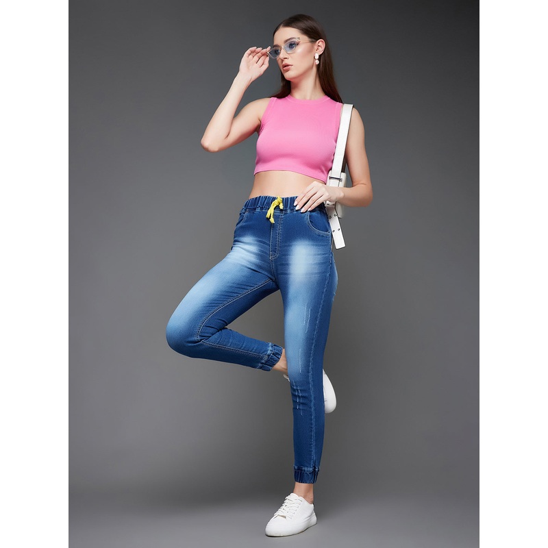 Women’s Navy Blue Relaxed Fit Mid Rise Clean-Look Scraping Detail Ankle Length Denim Joggers 26 Navy Blue