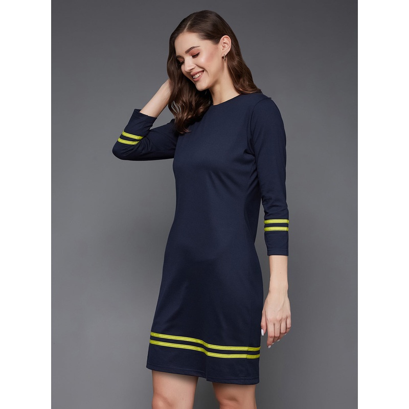 Women’s Navy Blue Round Neck 3/4 Sleeves Solid Shift Dress XS Navy Blue