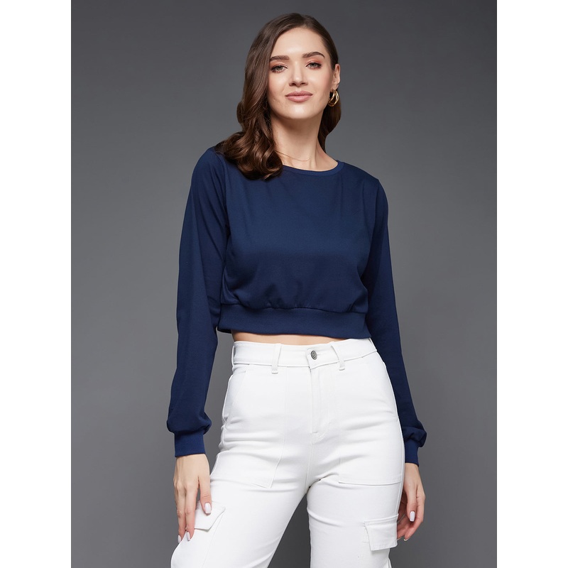 Women’s Navy Blue Round Neck Full Sleeves Solid Crop Top XS Navy Blue