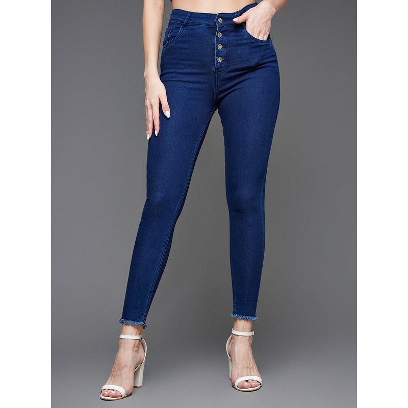 Women’s Navy-Blue Skinny High-Rise Fringed Hemline Cropped Stretchable Denim Jeans 26 Navy Blue